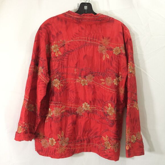 Vintage Y2K Chico's Design Red 100% Silk Embroidered Jacket Size 1 Button Front - Picture 2 of 4